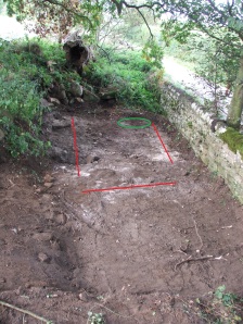 The excavated area highlighting the walls (Red) and ash deposit (Green)